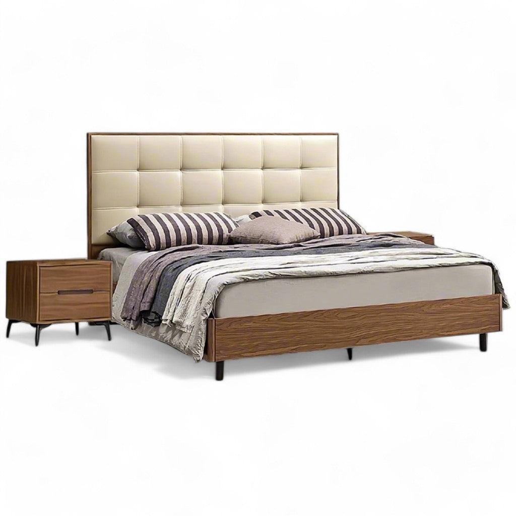 SOLID WOOD BEDFRAME, WITH beige HEADBOARD Bonded leather - Lux Furniture