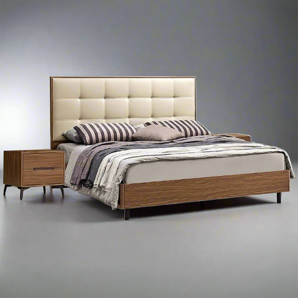 SOLID WOOD BEDFRAME, WITH beige HEADBOARD Bonded leather - Lux Furniture